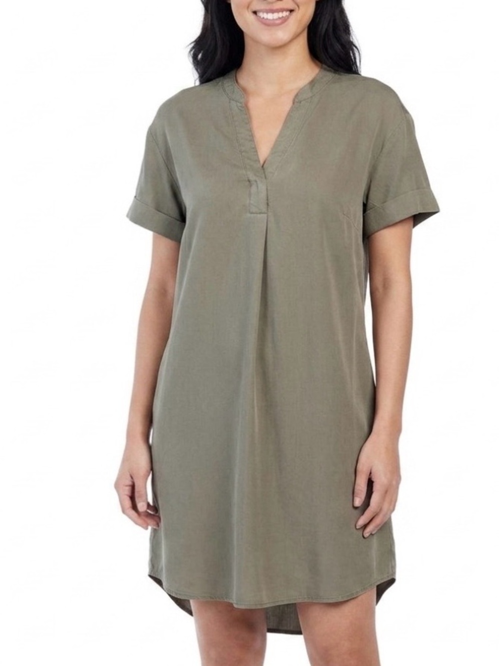 Hilary Radley 100%Tencel Lyocell Green Olive Short Cuff Sleeve V-Neck Midi Dress